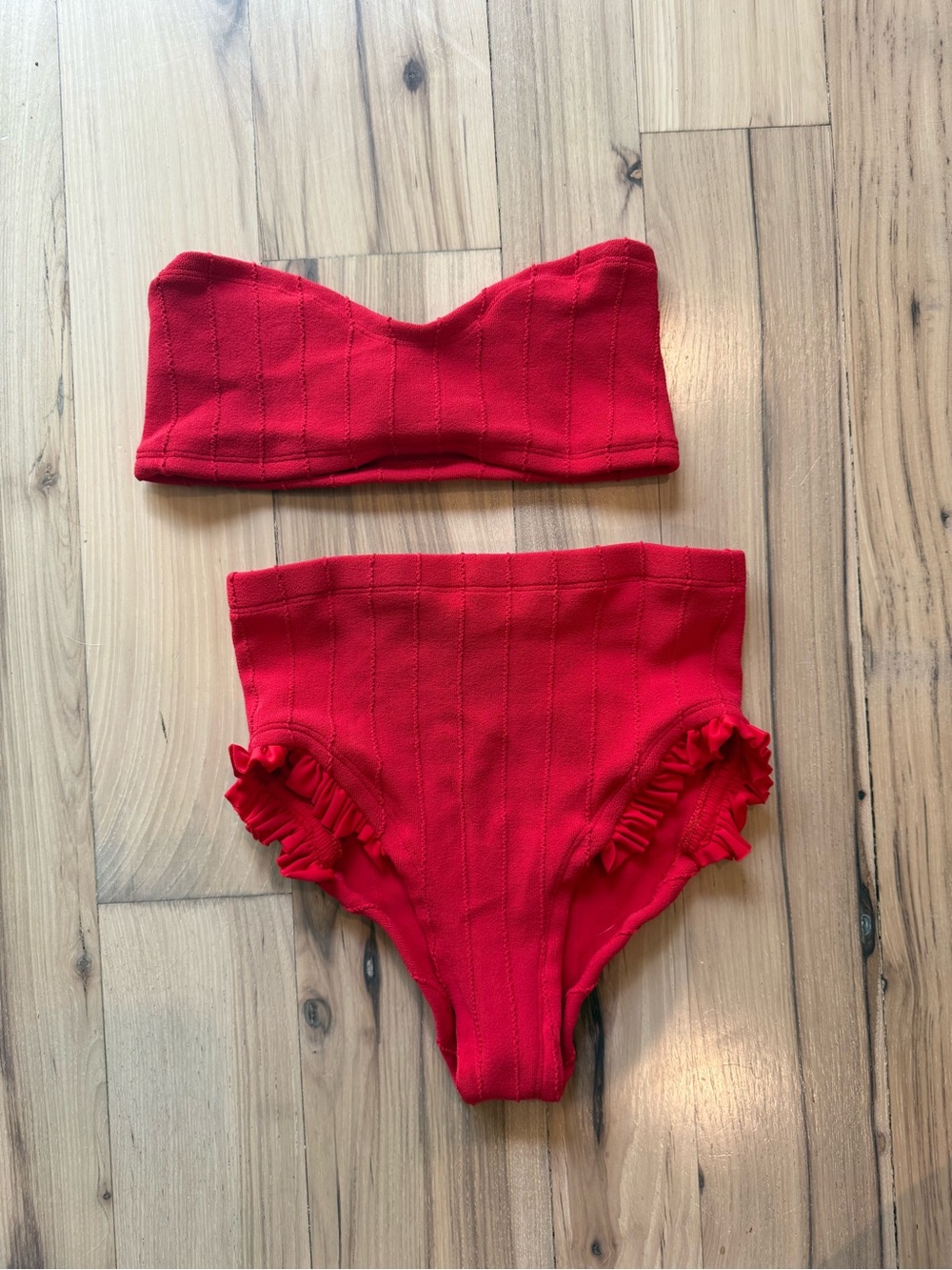 Hunza G Red Strapless Bandeau High-Waist Bikini Set